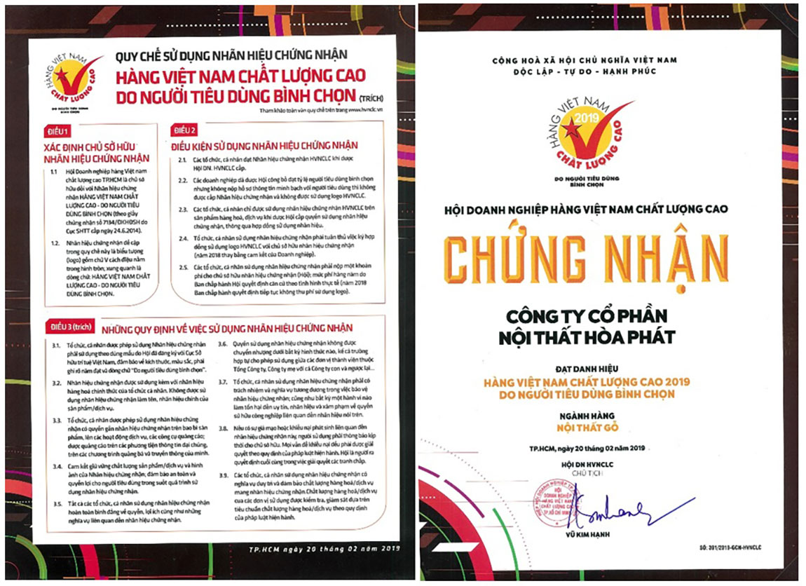 Giấy chứng nhận Công ty CP Nội Thất Hòa Phát đạt danh hiệu " hàng Việt Nam chất lượng cao do người tiêu dùng bình chọn "