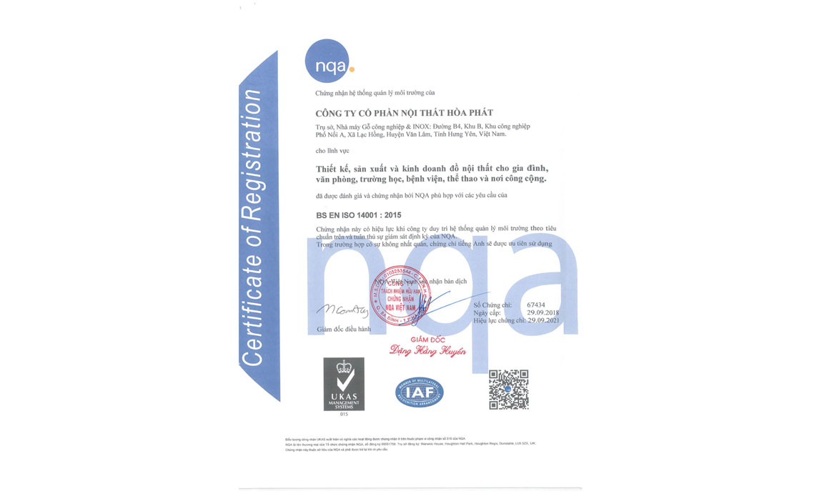 Chứng chỉ ISO 9001: 2015 và ISO 14001: 2015 của công ty CP nội thất Hòa Phát.